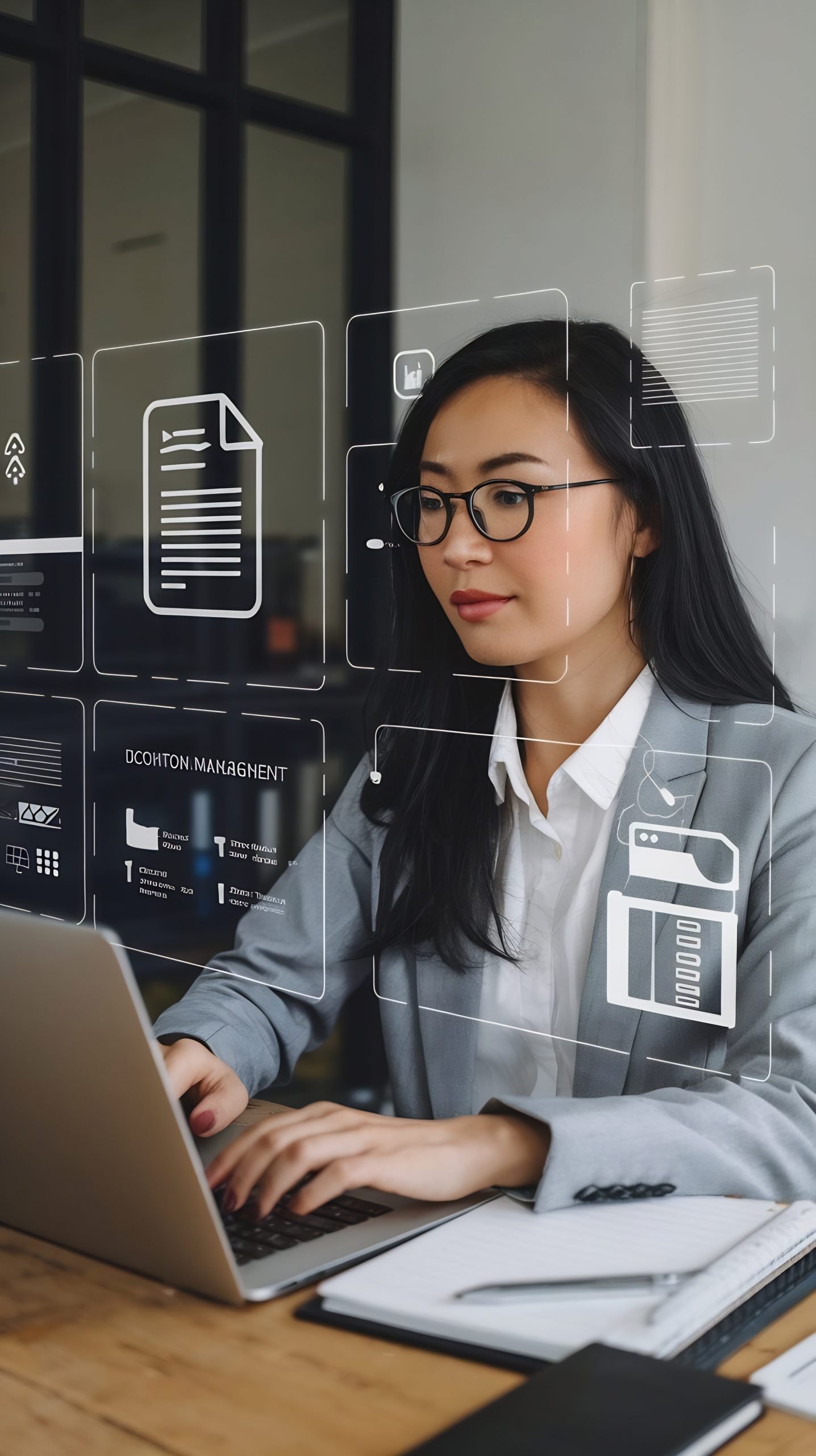 asian woman working virtual display monitor showing document management system dms