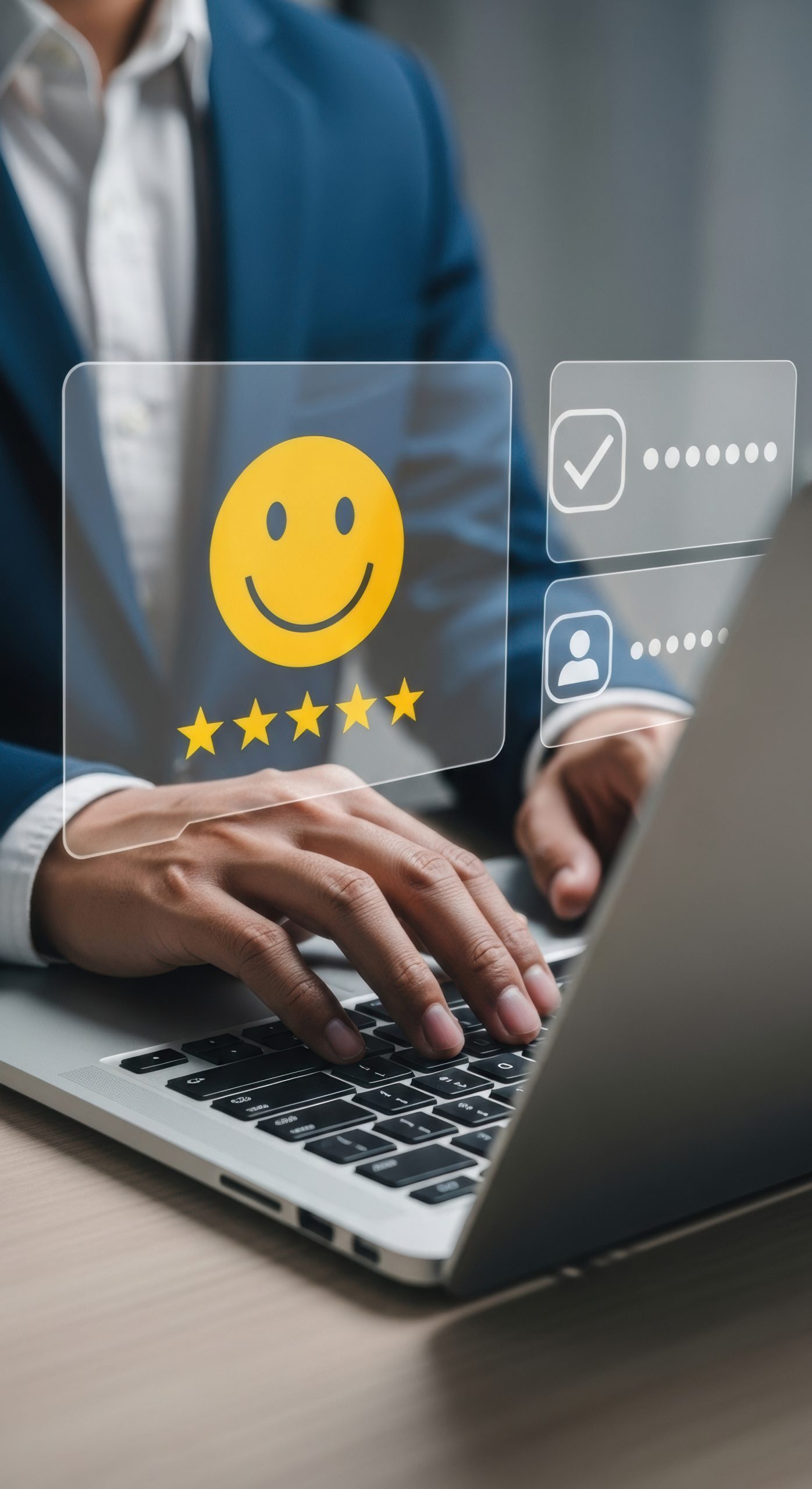 futuristic ai concept with glowing blue circle in hand. modern technology symbols for artificial intelligence. professional office setting with digital innovation.
